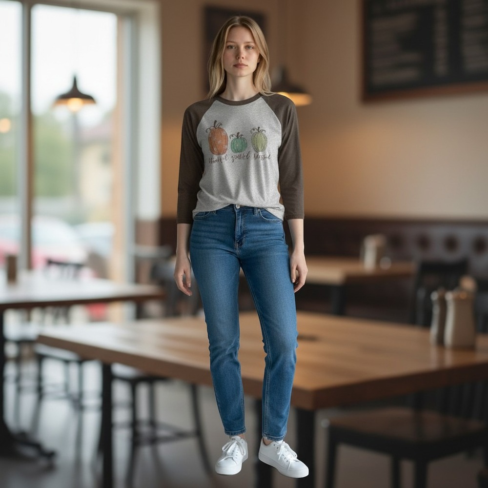 Fall Handlettered Design T-Shirt Womens S Gray Pumpkin Raglan 3/4 Sleeve Tee - Picture 5 of 5